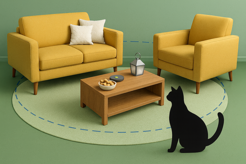 Cat sitting outside a safe indoor boundary created by the BOB wireless indoor cat fence from CatFence UK.