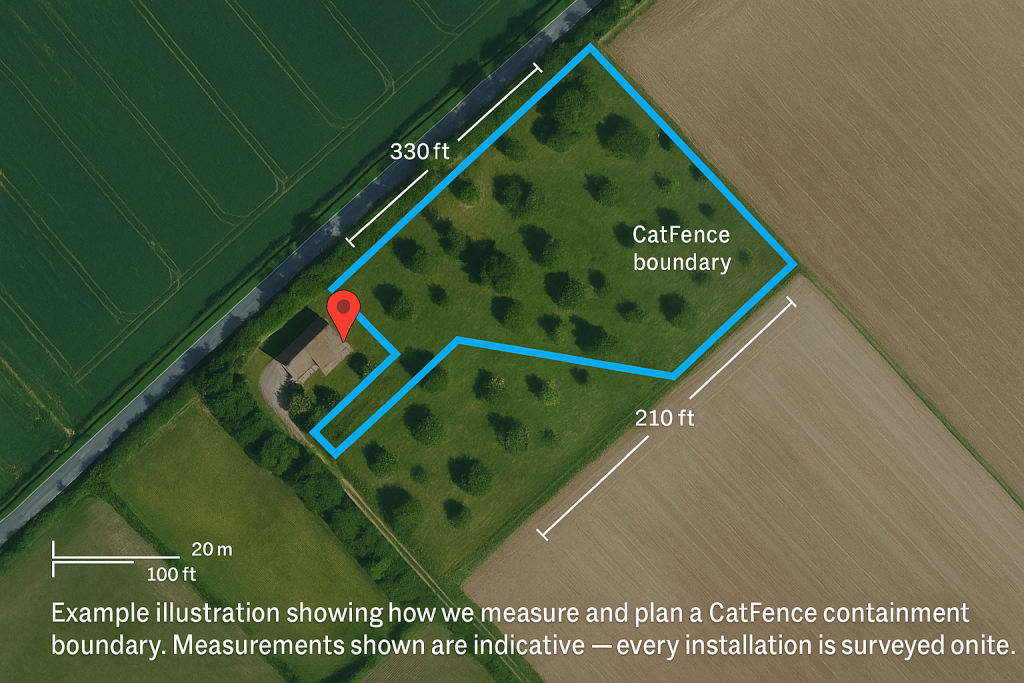 Realistic aerial view of a rural property with a blue CatFence boundary outline, measurement lines, and a red location pin showing how CatFence plans containment layouts
