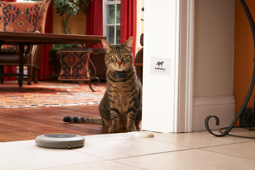 Cat sitting outside a protected area marked by the MB2 wired or wireless indoor cat fence from CatFence UK.