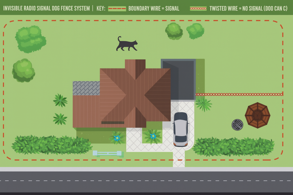 Top-down illustration of a house with an invisible cat fence boundary and a cat inside the safe zone
