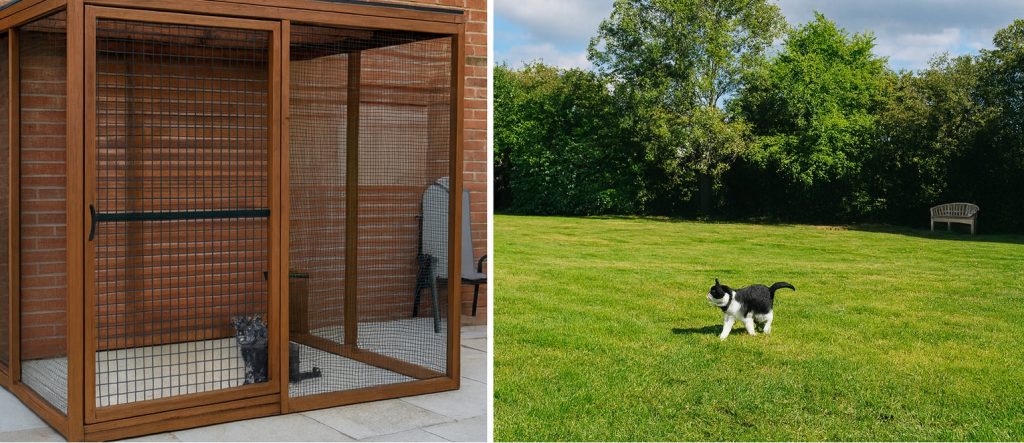 Split image showing a fully enclosed wooden catio on a UK patio next to a cat exploring a secure garden protected by an invisible cat fence.
